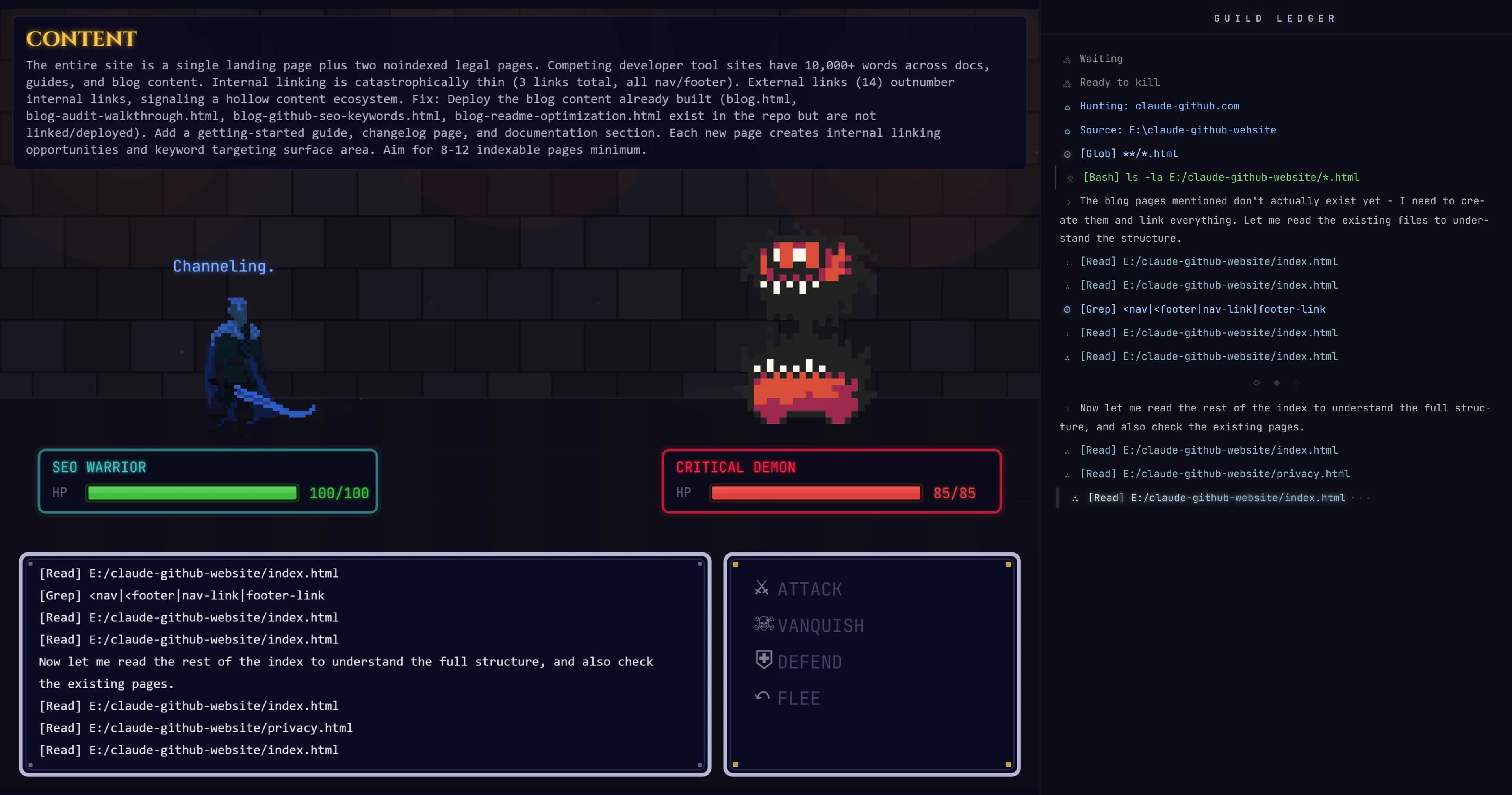 Turn-based combat in Claude SEO Dungeon with Guild Ledger showing real-time Claude Code AI activity